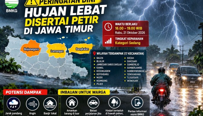 BMKG Warning, Hujan Petir Berpotensi Guyur Bojonegoro, Lamongan hingga Bangkalan